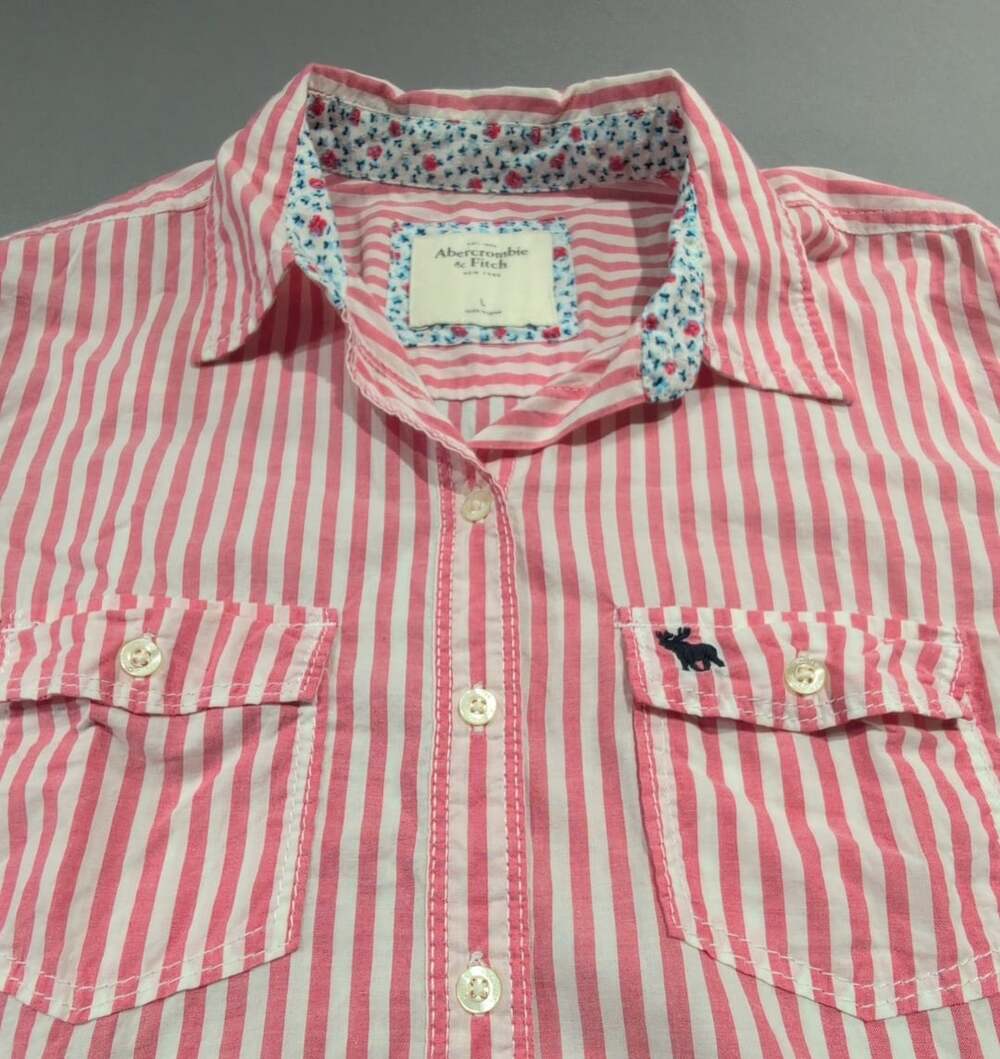Abercrombie & Fitch Button-Up Shirt Size L Pink White Striped Long Sleeve Preppy